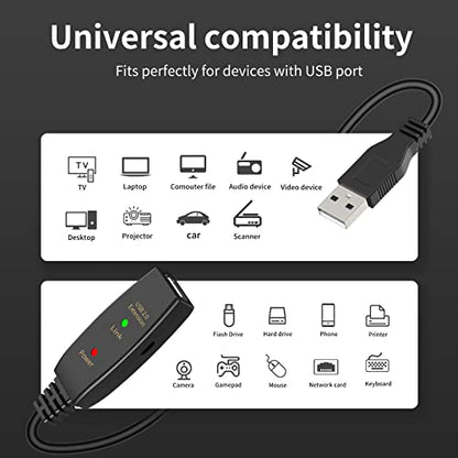 30FT Active USB Extension Cable 2.0 Male to Female with A Extension chipset Signal Booster - Active Extension/Repeate - color: USB 2.0 Extension Cable Black, size: 30FT