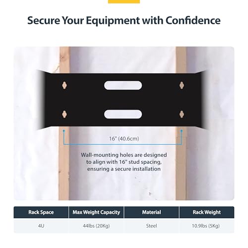 StarTech.com 4U Wall Mount Network Rack - 14 Inch Deep (Low Profile) - 19" Patch Panel Bracket for Shallow Server and IT Equipment, Network Switches - 44lbs/20kg Weight Capacity, Black (WALLMOUNT4) | Low-profile shallow rack, M6 screws and cage nuts, Fits