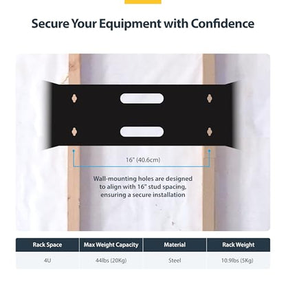 StarTech.com 4U Wall Mount Network Rack - 14 Inch Deep (Low Profile) - 19" Patch Panel Bracket for Shallow Server and IT Equipment, Network Switches - 44lbs/20kg Weight Capacity, Black (WALLMOUNT4) | Low-profile shallow rack, M6 screws and cage nuts, Fits