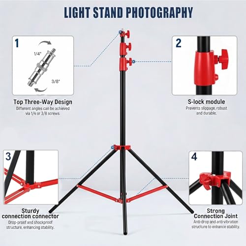SH Light Stand Photography, 9.1ft/280cm Air Cushioned Studio Light Stand, Heavy Duty Metal Photo Video Tripod Stand with 1/4" to 3/8" Screw for Strobe, Camera, Ring Light, Softbox, Max Load 22lb/10kg - color: Red