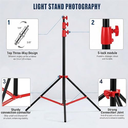 SH Light Stand Photography, 9.1ft/280cm Air Cushioned Studio Light Stand, Heavy Duty Metal Photo Video Tripod Stand with 1/4" to 3/8" Screw for Strobe, Camera, Ring Light, Softbox, Max Load 22lb/10kg - color: Red