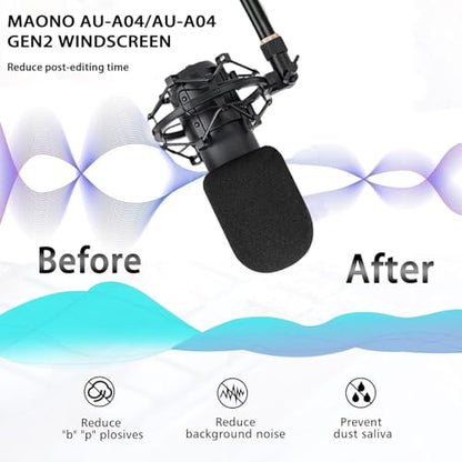MAONO AU-A04 Windscreen, 2Pcs Mic Pop Filter & Foam Cover for AU-A04H/A04T/A04 Gen2 Microphones, Protective Windscreen (Black / 2 Pack)