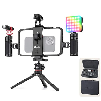Zeadio All-in-One Phone Video Vlogging Kit, Versatile Video Cage with RGB Light, Mic, Arca Ball Head Tripod, Handheld Stabilizer for YouTube/TikTok/Live Streaming, Compatible with All Smartphones - style: Pro Kit