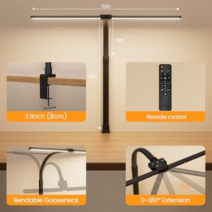 LED Desk Lamp for Home Office, 24W Computer Desk Light with Remote Control, Bright Table Lamp with Clamp Dimmable Tall Desktop Lighting with Bendable Gooseneck, Double Head, Black - style: Clamp Version - Black
