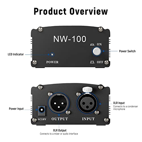 Neewer 1-Channel 48V Phantom Power Supply with Adapter, BONUS+XLR 3 Pin Microphone Cable for Any Condenser Microphone Music Recording Equipment (8 feet) - style: NW-100