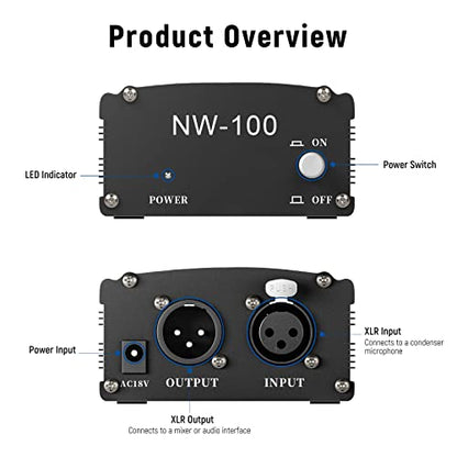 Neewer 1-Channel 48V Phantom Power Supply with Adapter, BONUS+XLR 3 Pin Microphone Cable for Any Condenser Microphone Music Recording Equipment (8 feet) - style: NW-100