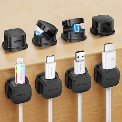 8 Pack Magnetic Cable Clips, Rocoren Under Desk Cord Holder Cable Management-1s Lock, Adhesive Cord Cable Clip Wire Holder Keeper Organizer for Phone Car Home Office Desk Wall Desktop Nightstand - color: 8-Black