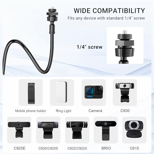 Flexible Webcam Stand Mount for Desk, Gooseneck Webcam Tripod with Clamp, Desktop Phone Holder & Table Top Tripod Compatible with Action Camera Gopro C922 C930e C920S C920 C615 C960 C920x Brio