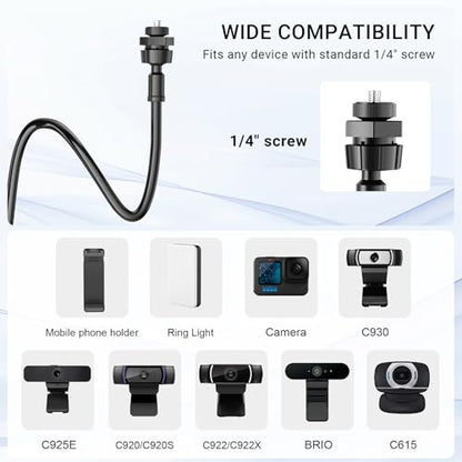 Flexible Webcam Stand Mount for Desk, Gooseneck Webcam Tripod with Clamp, Desktop Phone Holder & Table Top Tripod Compatible with Action Camera Gopro C922 C930e C920S C920 C615 C960 C920x Brio