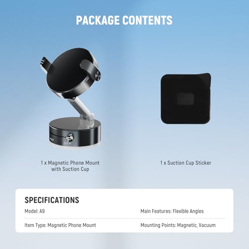 NEEWER ENTRY LEVEL VERSION Magnetic Cell Phone Holder Mount Stand Foldable with Vacuum Suction Cup for Your Car Windshield Dash Gym, 360 Rotating Compatible with MagSafe iPhone for Video Recording, A9
