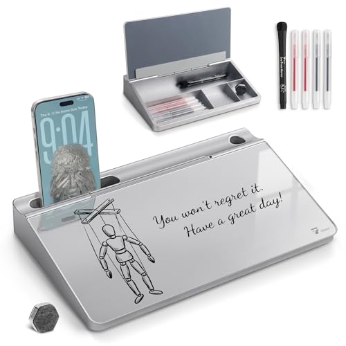 TOWON Small Compact Glass Desktop Whiteboard with Storage – 12 x 7 in Dry Erase Board for Desk, Home Office, School | Includes 5 Markers, Eraser & Holder | Space-Saving Organizer, Metallic Silver - color: Metallic Silver