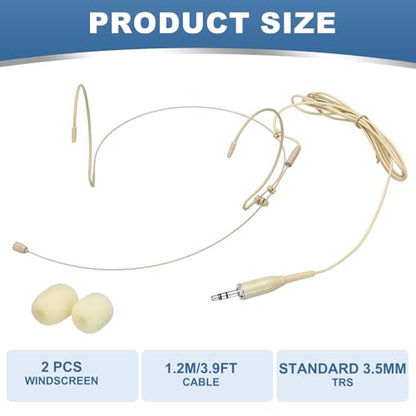 MECCANIXITY Ear Hook Headset Microphone, Double Over Ear Set Hanging Omnidirectional Wired Audio Condenser Microphone Headset with Standard 3.5mm TRS Plug 3.9ft Cable, Beige - color: Beige, style: Standard 3.5mm TRS Plug