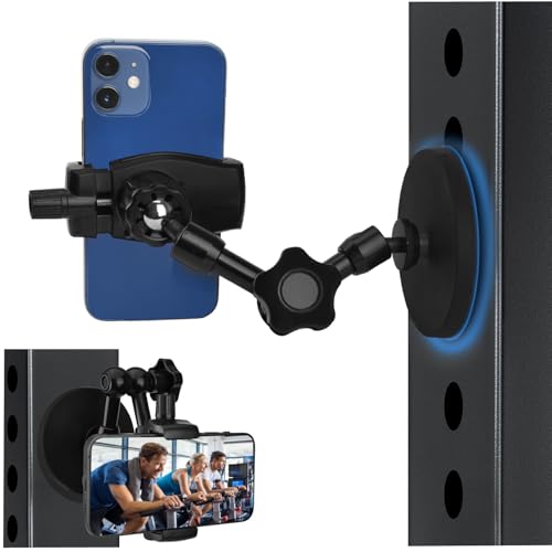 Magnetic Phone Holder for Gym, Heavy Duty 360° Adjustable Metal Arm | Super Strong N52 Magnet with Non-Slip Base for Power Rack, Universal Clip for all Smartphones, Home Workout Essentials