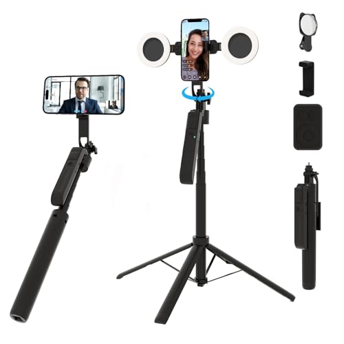 Auto Face Tracking Selfie Stick Tripod with Fill Light, 360 Rotation & Gesture Control, 70.9" Selfie Stick Tripod for iPhone with Remote for for TikTok/Vlog/Live Stream/Video Recording - color: Black with 6 Accessories