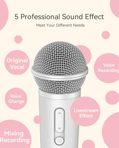 Singing Microphone with Earphone, Ideal for Vocal Recording, Podcasting, Live Streaming, Gaming, Compatible with Smule & Starmaker & Stingray, USB-C Dongle & Lightning Adapter, White