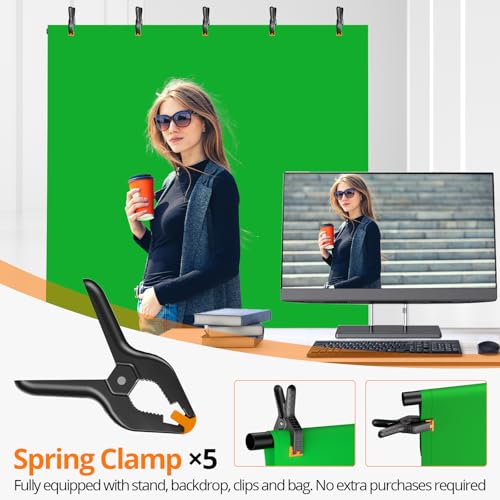 Green Screen Backdrop Kit, 5×7ft Portable Greenscreen Background with Adjustable T-Shaped Stand, 5 Clamps, Carrying Bag for Parties, Streaming, Photography, Zoom, Gaming, Video Studio - color: green