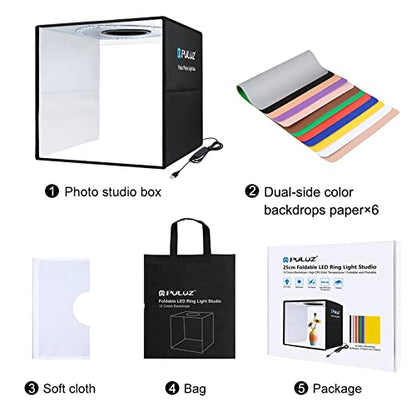 PULUZ 10x10 Photo Light Box, Product Photography Studio CRI95+ 104PCS LED | 10 inch Folding Portable Mini lightbox, Adjustable Brightness, 12 Backgrounds for Watches, Jewelry, Crafts and Small Items - size: 10 Inch