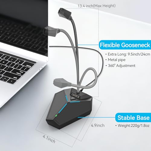 CMTECK USB Computer Microphone, Plug & Play Omnidirectional Desktop Mic for PC & Laptop, 360 Degree Adjustable Gooseneck, Mute Button with LED Indicator, Noise-Cancelling, Compatible with Windows/Mac - color: with mute button