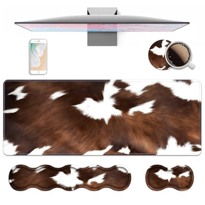 4 in 1 Ergonomic Keyboard Wrist Rest & Mouse Pad Wrist Rest Set, Large XXL Gaming Desk Mat 31.5"x 11.8" with Non-Slip Base, Memory Foam for Home Office Study Gaming, Brown Black Cow Print - color: Brown Black Cow Print