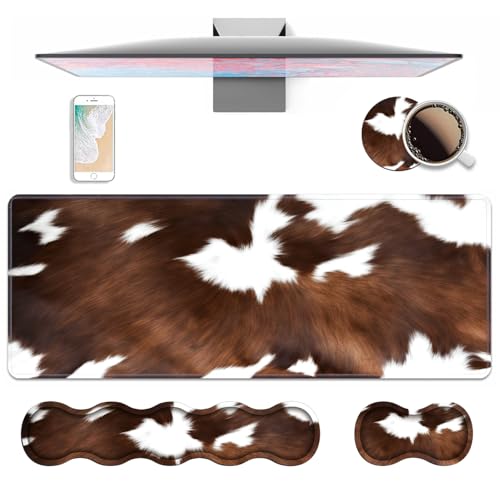 4 in 1 Ergonomic Keyboard Wrist Rest & Mouse Pad Wrist Rest Set, Large XXL Gaming Desk Mat 31.5"x 11.8" with Non-Slip Base, Memory Foam for Home Office Study Gaming, Brown Black Cow Print - color: Brown Black Cow Print