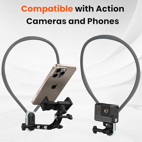 Neck Mount for Phone and Action Camera, Extended-Length Hands Free POV/Vlog Chest Camera Phone Holder for Recording, Compatible with iPhone, Andriod, Gopro, Action Camera, with Stable Back Strap
