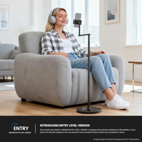 NEEWER Entry Level Version Phone Floor Stand, Adjustable Office Table Bedside Cell Phone Holder Clamp Holder Mount Compatible with iPhone Samsung Android for Video Recording, Weighted Metal Base, X9 - style: X9