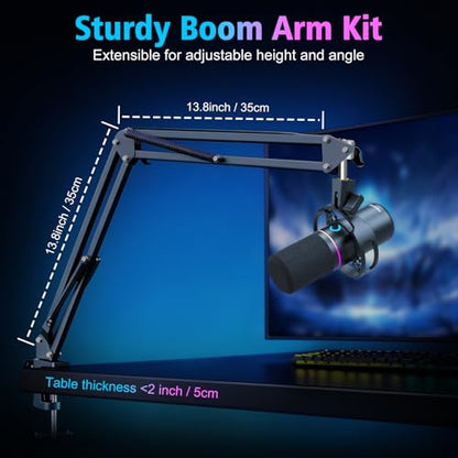 XLR/USB Gaming Microphone with Boom Arm, Dynamic Microphone with One-Touch Mute, Gain Control & Headphone Jack, RGB Podcast Microphone for Streaming, Recording, Vocal