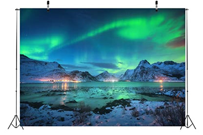 BELECO 12x8ft Fabric Aurora Borealis Night Sky Backdrop Snow-Capped Mountains Lake Scenery Starry Sky with Polar Lights Norway Winter Landscape Background Wallpaper Home Decor Studio Photo Props - size: 12x8FT