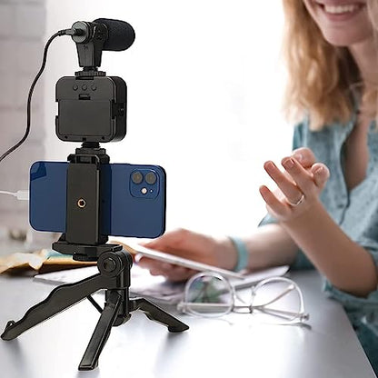 Vlogging Kit with Light and Microphone Pistol Grip Tripod | Studio LED Light, Professional Mini Portable Tripod Grip for Vlogging, TikTok, YouTube Videos | for Smart Phones Cameras