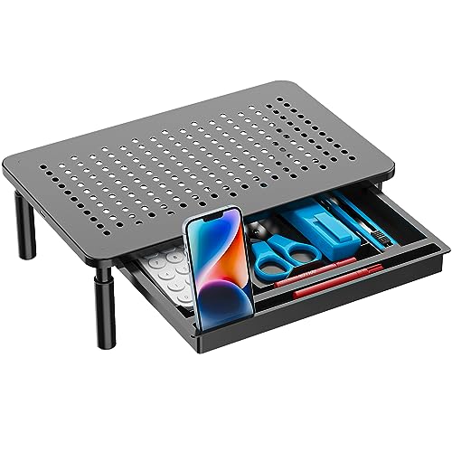WALI Dual Monitor Stand with Storage, Desk Monitor Riser 3 Height Adjustable, Laptop Riser with Airflow Vents, Desk Organizer for Computer, Laptop, Printer, Notebook (STT003D-2B), 2 Pack, Black - color: Metal Black, size: 14.6"L * 9.3"W,11" 1 Drawer