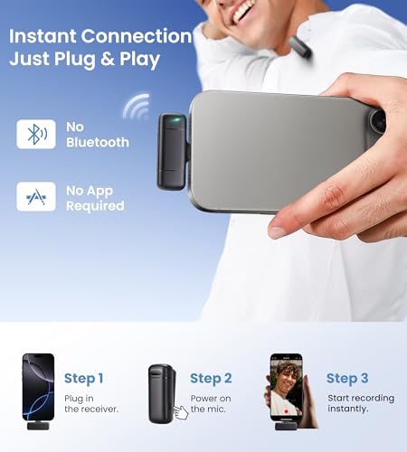 Mini Wireless Lavalier Microphone for iPhone/Android/Laptop, Plug & Play mini Mic with USB C Receiver and Lightning Adapter, Noise Reduction Clip on Wireless Microphone for TikTok, YouTube