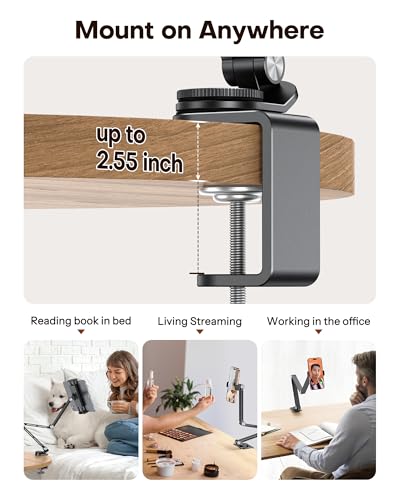OMOTON Tablet Stand for iPad with 360° Rotation, GH03 Aluminum Alloy Long Arm Phone Mount with 2 Plastic Clamps (Phone & Tablet), Adjustable Holder for 4-13" iPad Pro/iPhone, Black - color: Black