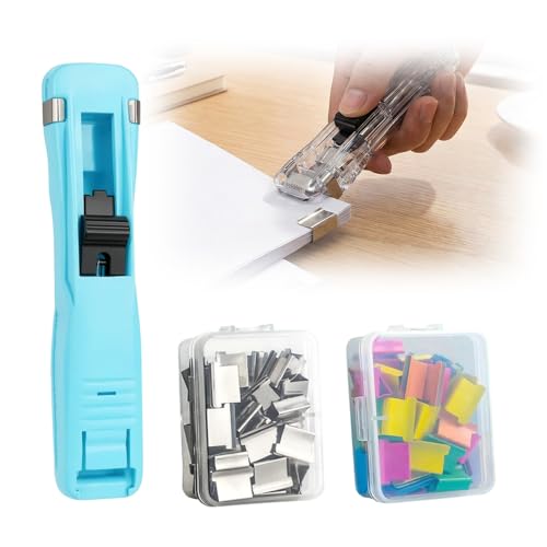 Portable Binder Clip Stapler, 2026 New Reusable Portable Paper Clam Clip Dispenser, 100 Metal Refill Clips (50 Silver + 50 Color) for Home, School, Desk Office (Light blue-1PCS) - color: Light Blue-1pcs