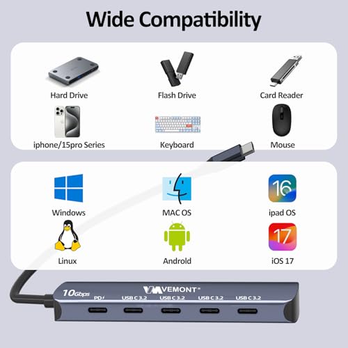 VEMONT 10Gbps USB C Hub - 4 USB-C Data Ports and 100W PD Charging for MacBook, iPhone, iPad, XPS, Surface Pro and More - style: 5 in1 10Gbps