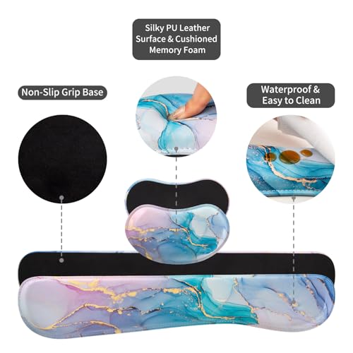 QIYI Leather Desk Mat Set, 4-in-1 Large Mouse Pad with Ergonomic Wrist Rest, Waterproof Desk Pad + Keyboard Wrist Rest +Mouse Wrist Support+Coaster, Non-Slip Office Gaming Accessories, Blue Pink Fluid - color: Blue Pink Fluid