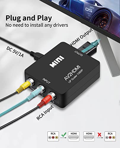 RCA to HDMI Converter, 1080P Mini RCA Composite CVBS AV to HDMI Video Audio Converter Adapter, Supports PAL/NTSC for N64 Wii PS2 PS3 Xbox VHS VCR Camera DVD - with HDMI Cable - color: Converter (with HDMI Cable)