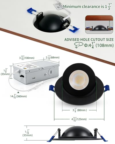 zouzai 4 Inch Gimbal LED Recessed Lights, Black, 12 Pack, with Junction Box, 360°+ 90° Adjustable, 5CCT 2700K-5000K, Dimmable, Canless Eyeball Downlight, CRI90+, 980LM 10W 120V, ETL - color: Black-4 inch, size: 12 Pack