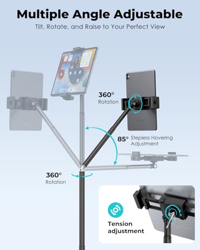 Viozon Tablet Floor Stand, Height & Angle Adjustable Tablet Holder with Aluminum Alloy Arm Tube, 360° Rotation for Bed, Sofa, Desk, Compatible with 3.5-11'' iPad Pro/Air/Mini, iPhone 15/14, Kindle，B - color: Black