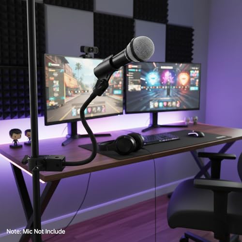 Gooseneck Mic Stand,Flexible Arm Desk Clamp for Streaming Podcast Studio | Heavy Duty Steel hold 1kg,Easy Adjust,Clamp fits desks/poles/shelves 15-49mm thick. mic clip+2 adapters.For mics up to 1.2"