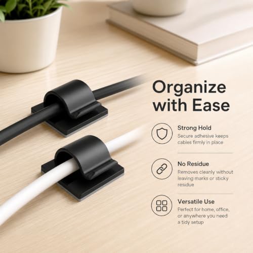 105 Pcs Self Adhesive Cable Clips Cables Ties, Black Wall Wire Cable Management Clips, Adhesive Cord Holder Clip for Wall Under Desk Ethernet TV Cables Clamp