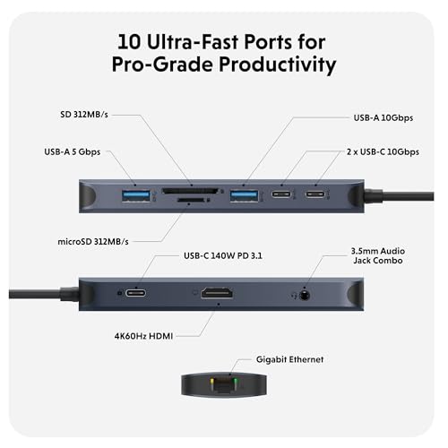 HyperDrive Next 10 Port USB C Hub for Mac, PC, and Chromebook with 4K60Hz HDMI, 2 USB-A, USB-C Hub 10Gbps 140W Power Delivery, SD & microSD Card Reader, Ethernet, 3.5mm Audio Ports - size: 10 Port USB-C Hub with 2x USB-A