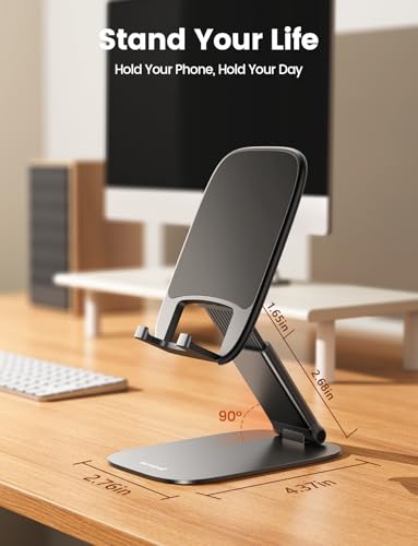 Lamicall Ultra-Thin Foldable Cell Phone Stand for Desk | 0.59" Slim Fold, Height & Angle Adjustable, Sturdy Metal Base, Thick Case Friendly for iPhone 17/16/15/14 Pro Max, Galaxy S26 - color: A-Black