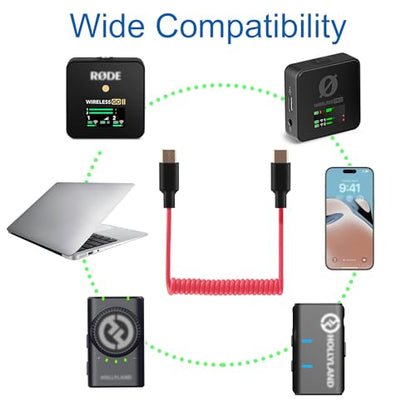 Mic Adapter for Rode Wireless GO 2 ME Pro Micro USB C to USB C Microphone Cable, for Hollyland Lark M1 / M2 / MAX / 150 / M1 / MAX Duo DAC Coiled Cable for PC Computer Android iPhone 15 16 - color: RED C to C