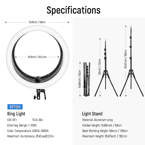 NEEWER Ring Light RP19H 19 Inch with Tripod Stand 3 Phone Holders Compatible with iPhone, Upgraded 2.4G Touch Control Ringlight for Video Recording Streaming Home Office Zoom Selfie Makeup Lighting