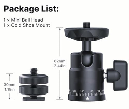 Mini Ball Head Tripod Mount for Camera, 360° Rotating Panoramic Head w Dual Hot Shoe Cold Shoe Adapter, 1/4" Thread for DSLR Mirrorless Phone Action Cam Flash Mic Monitor Light, 5.5 Lbs Max Load