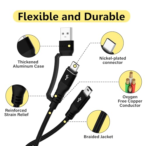 2 in 1 Mini USB Cable 2FT, USB C/A to Mini USB Cable Charging Cord for GoPro Hero 3+, PS3 Controller, MP3 Player, Dash Cam, Digital Camera, GPS Receiver, PDAs, TI-84+ CE, Snowball iCE Mic and More - size: 2FT