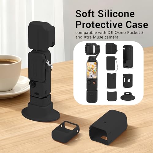 Silicone Case for DJI Osmo Pocket 3/Xtra Muse Camera with Fixed Base & Anti-Loss Lanyard, Compatible with Xtra Muse Accessories – for Travel Vlogging Daily Filming (Black) - color: Black