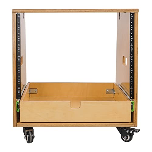 Sound Town 8U DIY Solid Baltic Birch Plywood Slanted Studio Rack with 8U Rack Space, Extra 2U Drawer, Rubber Feet, Casters, Golden Oak (SDRK-8TD2) - size: 8U, Golden Oak, Slanted w/ Drawer