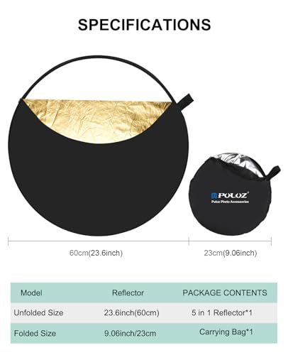PULUZ 5-in-1 Collapsible Reflector for Photography - 24” (60cm) Light Reflector with Storage Bag Kit for Studio Photography Lighting Outdoor (Silver/Translucent/Gold/White/Black)
