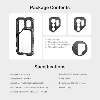 NEEWER S26 Ultra Phone Cage, Mobile Video Rig Stabilizer Vlog Kit with 3X Backplate for 67mm Filter, 17mm Phone Lens & T Mount Lens, Compatible with Samsung Galaxy S26 Ultra Only, PA182